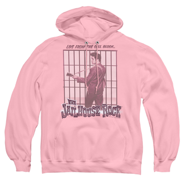 Pink pullover hoodie with Elvis Presley Cell Block Rock graphic