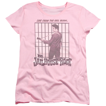 Pink women's t-shirt with Elvis Presley Cell Block Rock graphic