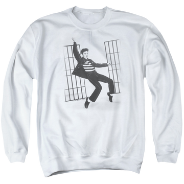White men's crewneck sweatshirt with Elvis Presley Jailhouse Rock graphic