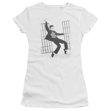 White juniors t-shirt with Elvis Presley Jailhouse Rock graphic