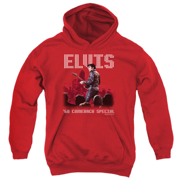 Red youth hoodie for ages 8 to 12 with Elvis Presley Return Of The King graphic