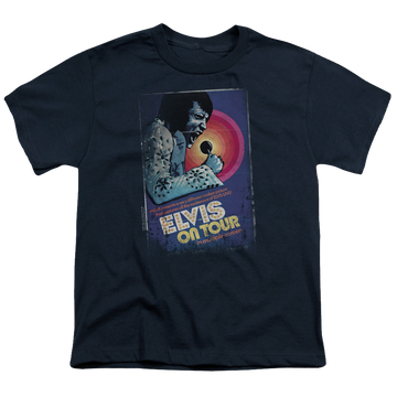 Navy youth t-shirt for ages 8 to 12 with Elvis Presley On Tour Poster graphic