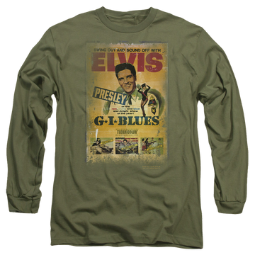 Military green men's long sleeve t-shirt with Elvis Presley Gi Blues Poster graphic