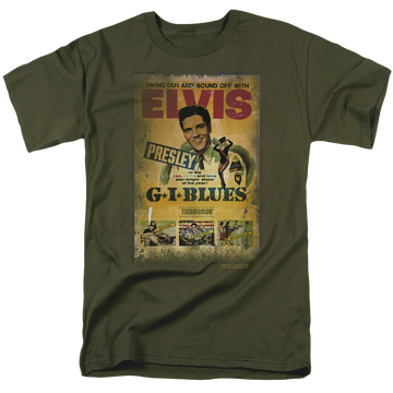 Military green men's regular fit t-shirt with Elvis Presley Gi Blues Poster graphic