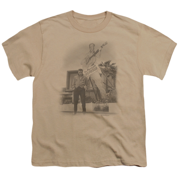 Sand youth t-shirt for ages 8 to 12 with Elvis Presley Larger Than Life graphic