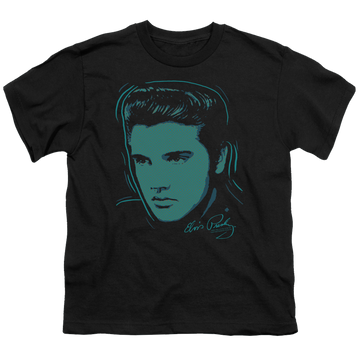 Black youth t-shirt for ages 8 to 12 with Elvis Presley Young Dots graphic