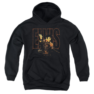 Black youth hoodie for ages 8 to 12 with Elvis Presley Take My Hand graphic