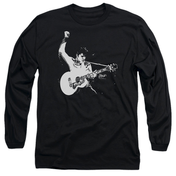 Black men's long sleeve t-shirt with Elvis Presley Black And White Guitarman graphic