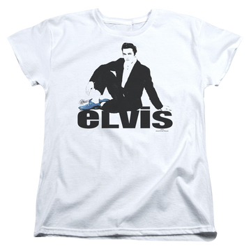 White women's t-shirt with Elvis Presley Blue Suede graphic