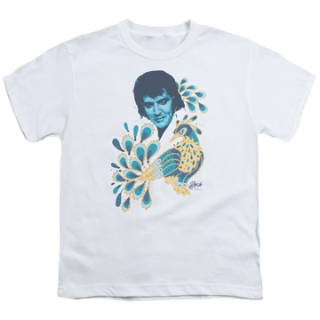 White youth t-shirt for ages 8 to 12 with Elvis Presley Peacock graphic