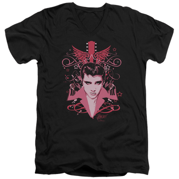 Black men's v-neck t-shirt with Elvis Presley Lets Face It graphic
