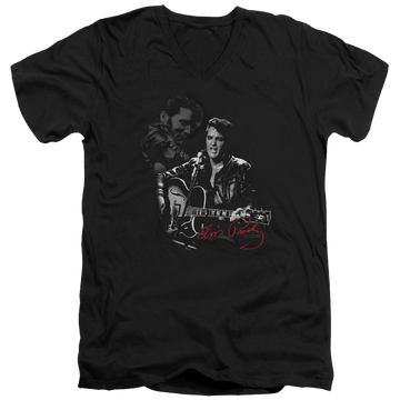 Black men's v-neck t-shirt with Elvis Presley Show Stopper graphic