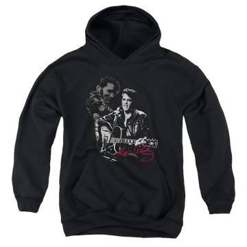 Black youth hoodie for ages 8 to 12 with Elvis Presley Show Stopper graphic