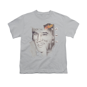 Silver youth t-shirt for ages 8 to 12 with Elvis Presley Smile 2 graphic