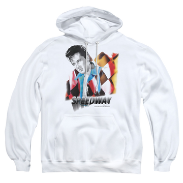 White pullover hoodie with Elvis Presley Speedway graphic