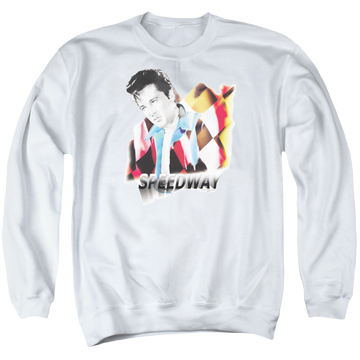 White men's crewneck sweatshirt with Elvis Presley Speedway graphic