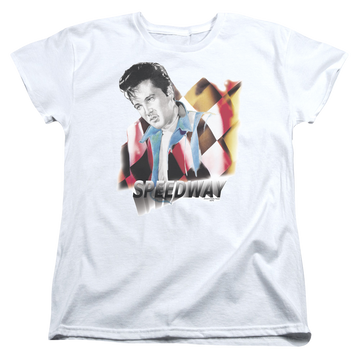 White women's t-shirt with Elvis Presley Speedway graphic