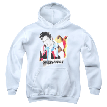 White youth hoodie for ages 8 to 12 with Elvis Presley Speedway graphic