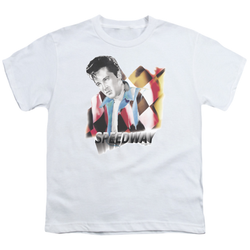 White youth t-shirt for ages 8 to 12 with Elvis Presley Speedway graphic