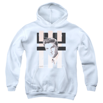 White youth hoodie for ages 8 to 12 with Elvis Presley Retro graphic