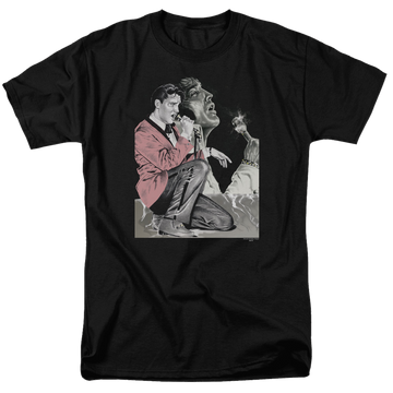 Black men's regular fit t-shirt with Elvis Presley Rock N Roll Smoke graphic