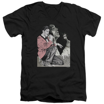 Black men's v-neck t-shirt with Elvis Presley Rock N Roll Smoke graphic