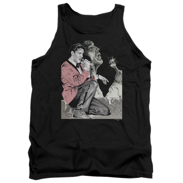 Black men's tank with Elvis Presley Rock N Roll Smoke graphic