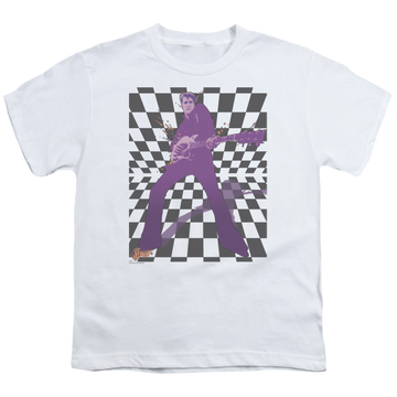 White youth t-shirt for ages 8 to 12 with Elvis Presley Lets Rock graphic