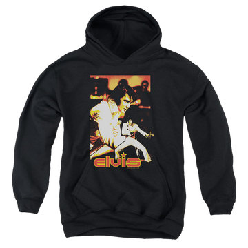 Black youth hoodie for ages 8 to 12 with Elvis Presley Showman graphic