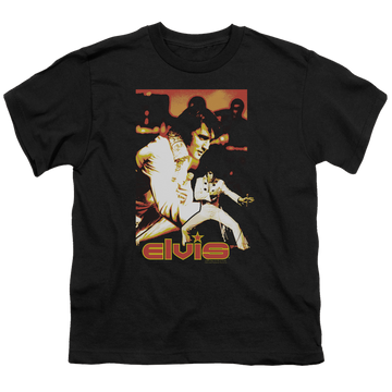 Black youth t-shirt for ages 8 to 12 with Elvis Presley Showman graphic
