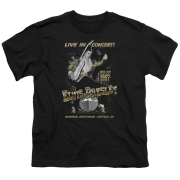 Black youth t-shirt for ages 8 to 12 with Elvis Presley Live In Buffalo graphic