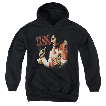 Black youth hoodie for ages 8 to 12 with Elvis Presley Soulful graphic