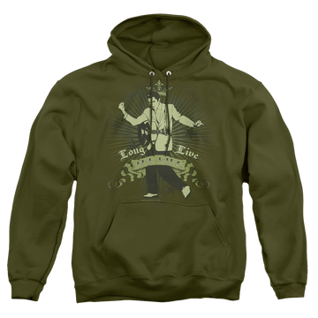 Military green pullover hoodie with Elvis Presley Long Live The King graphic