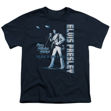 Navy youth t-shirt for ages 8 to 12 with Elvis Presley One Night Only graphic