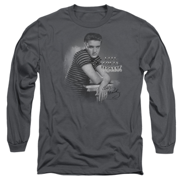 Charcoal men's long sleeve t-shirt with Elvis Presley Trouble graphic