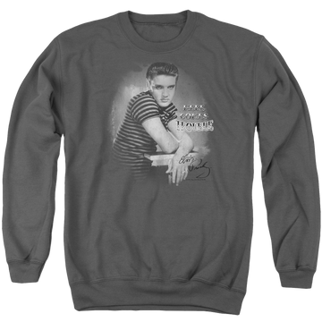 Charcoal men's crewneck sweatshirt with Elvis Presley Trouble graphic