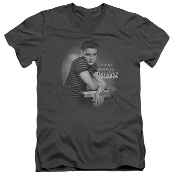 Charcoal men's v-neck t-shirt with Elvis Presley Trouble graphic