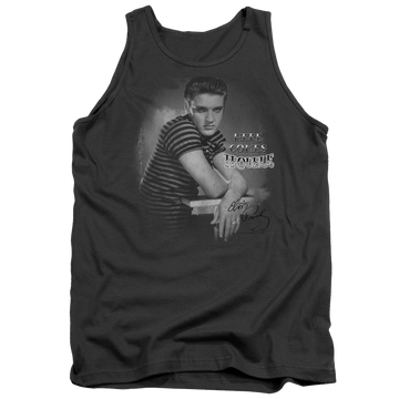 Charcoal men's tank with Elvis Presley Trouble graphic