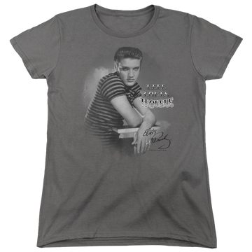 Charcoal women's t-shirt with Elvis Presley Trouble graphic
