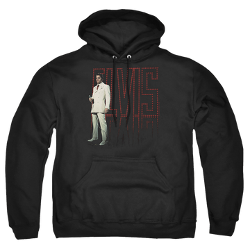 Black pullover hoodie with Elvis Presley White Suit graphic