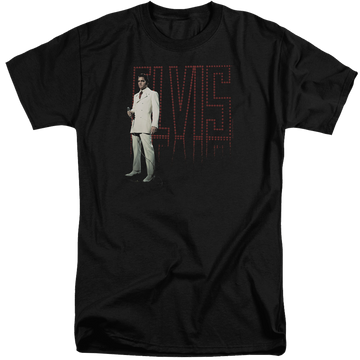 Black men's tall fit t-shirt with Elvis Presley White Suit graphic
