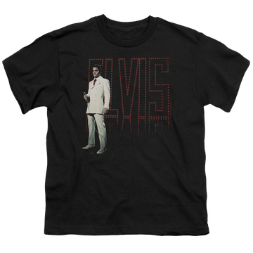 Black youth t-shirt for ages 8 to 12 with Elvis Presley White Suit graphic