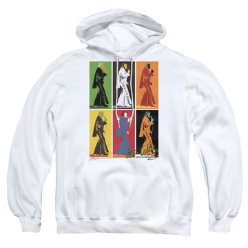 White pullover hoodie with Elvis Presley Retro Boxes graphic
