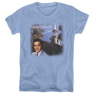 Carolina blue women's t-shirt with Elvis Presley How Great Thou Art graphic