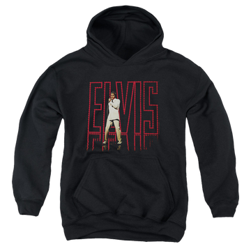 Black youth hoodie for ages 8 to 12 with Elvis Presley Elvis 68 Album graphic