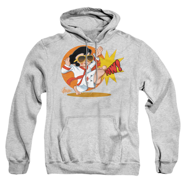Athletic heather pullover hoodie with Elvis Presley Karate King graphic