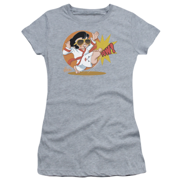 Athletic heather juniors t-shirt with Elvis Presley Karate King graphic