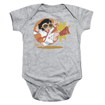 Athletic heather baby bodysuit with Elvis Presley Karate King graphic