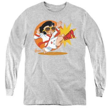 Athletic heather youth long sleeve t-shirt with Elvis Presley Karate King graphic