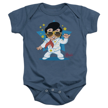 Indigo baby bodysuit with Elvis Presley Jumpsuit graphic